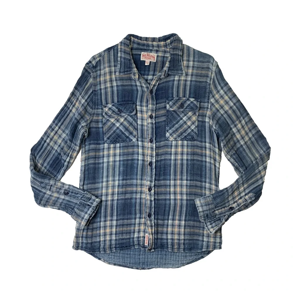 True Religion Shirt Mens M Medium Blue Western Woven Plaid Flannel Shirttail Hem